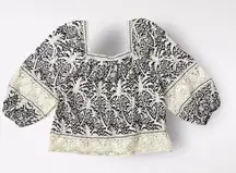 Panama Jack Black White Palm Tree Lace Trim Linen Blend Top Size S‎ Prairie Boho