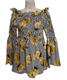 New Glory Black And White Striped Bell Sleeve Floral Blouse | Size Large