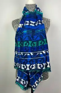 Zara Blue White Multicolored Aztec Woven Cotton Rectangle Scarf