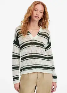 NWT Madewell Open-Stitch Johnny Collar Sweater In Summit Green Stripe Size Large