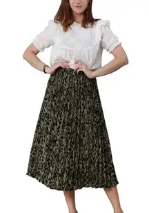 CHARTOU Elastic High Waisted A Line Leopard Print Pleated Midi Skirt Olive Large