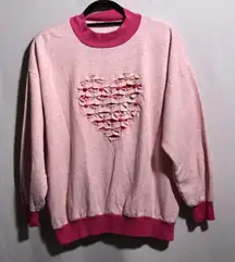 VTG‎ 80s Pink Heart Sweatshirt Grandma Art to Wear Buttons Ringer Cottage Cutesy