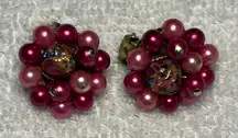 Vintage Raspberry and Pink Faux Pearl Cluster Clip Earrings
