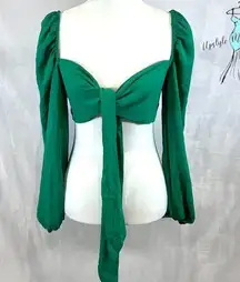 Bae emerald green tie front lantern sleeve crop top size small