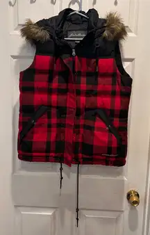 Eddie Bauer Womens Red Buffalo Plaid Hooded Goose Down Puffer Vest Fur Trim L