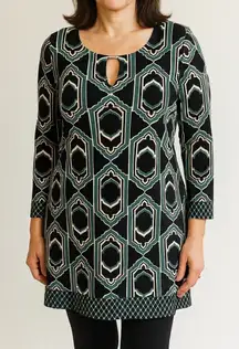 WHBM‎ Teal Black White Geometric Patterned Shift Dress Metal Keyhole Medium