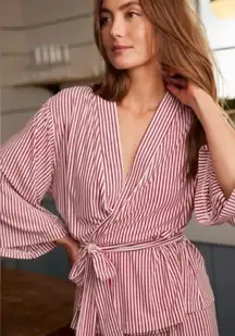 LAKE Pajama DreamModal Kimono Robe Wrap Top Red and White Striped Medium