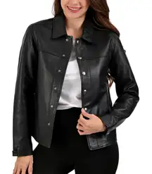 Black Lambskin Leather Snap Button Jacket for Women