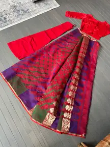 Pure Color Blocks Organza Jamdani  saree With Blouse Piece And Skirt