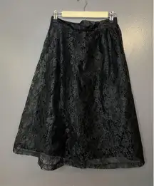 Black Lace Skirt Womens Medium Floral A-Line Midi Lined Zip Party Cocktail