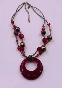 Lia Sophia Red Cinnabar Pendant Medallion Necklace Glass & Resin Beads 16-19"