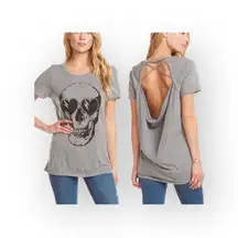 new  ☻︎ Heart Eye Skull Draped Open Cross Back Tee T Shirt ☻ ︎Heather ☻︎ L