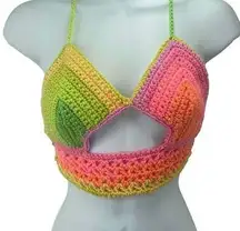 Handmade peek-a-boo crochet rainbow neon halter top crop open knit