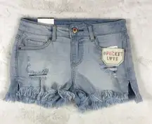 VANILLA STAR Distressed Light Blue Embroidered Pocket Hi-Low Jean Shorts 0