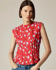 J. Crew Pintuck Shell Top Brushed Daisy-print Ramie Red Multi
