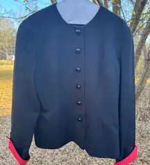 Vintage Christian Dior Black Red Cuff Blazer Size 12 USA Made Wool Blend Classic