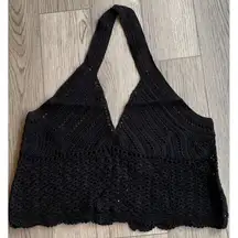 Olivaceous Knit Halter Top Size Large Black Partially See Thru Festival 90s‎ Y2K