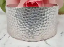 Brushed Silver Tone Hammered Wide Cuff Bracelet Brutalist Statement Piece