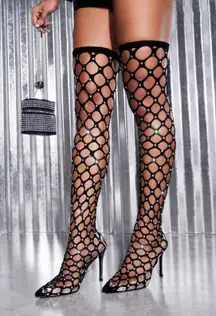 Black Silver Sequin Stretchy Fishnet Over The Knee Stiletto Heel Boots US 6.5