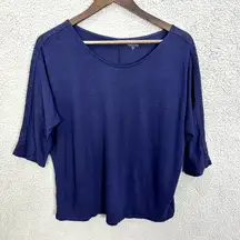 Garnet Hill Top Womens Small Blue‎ 3/4 Sleeve Crochet Lace Accent Linen Cotton