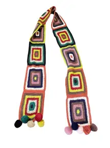 Mossimo Multicolor Boho Scarf Crochet Patchwork Pom Pom Trim Knit Women’s Winter