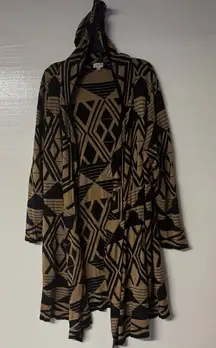 Avenue Cardigan Women 18/20 Tan Black Hooded Open Front Long Geometric Print