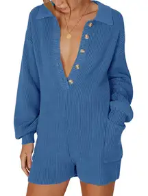 Long Sleeve Ribbed Knit Polo‎ Romper Size Large EUC