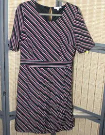 Downeast Deep Red, Black, & White Diagonal Striped Scoop Neck Dress