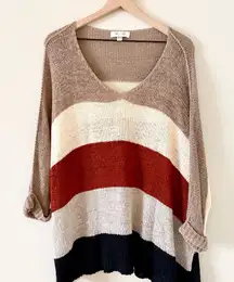 She + Sky Loose Knit Dolman Sleeve Vneck Sweater in Tan Cream Multi Stripe OS