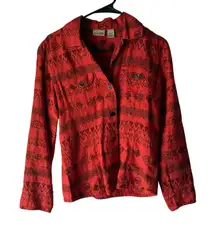 Chico’s 100% Linen Aztec Tribal Print Button Up Shirt Red‎ Black Size 0 XS
