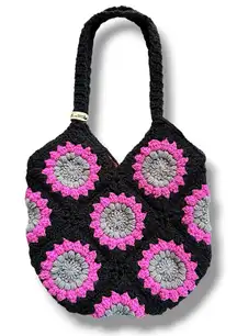 Handmade Crochet Purse with Cotton Liner Hot Pink and Black