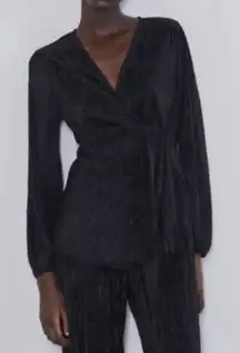 Zara Black Plisse Pleated Set- Wrap Top Blouse With Matching Pants Size S
