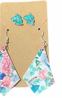 Unicorn Studs Floral Dangle Earrings Set Teal‎