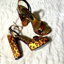 Jessica Rich Size 8 Brown Satin Leopard Platform Sandals Wild Party Club EU 38