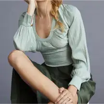 Anthropologie Blouson-Sleeve Blouse Top Sage‎ Green Satin Open Back Sz XS