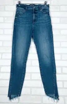 Express‎ Medium Wash Super High Waisted Supersoft Raw Step Hem Stretch Jeans 6R