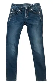 MISS ME Y2K Mid-Rise‎ Metallic Saddle Stitch Dark Wash Skinny Jeans Size 25