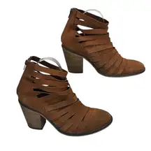 Free People Womens Sz 40 Brown Strappy Leather Cutout Heeled Booties Block Heel