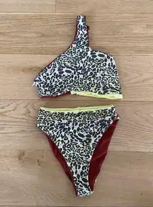 Reversible One Shoulder High Leg Bikini In Leopard Multi and Color Block