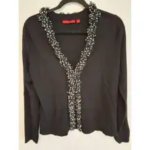 RED BKE L Black Chiffon Cardigan Sweater Polka Dot Trim Ruffle Rose Hook Eye