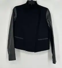 Vince Boucle Scuba Moto Jacket Lambs Leather Sleeves Black Frayed Hem Size S