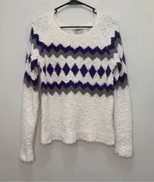 Arizona Jean Co White and Purple Diamond Print Fuzzy Sweater Size Medium