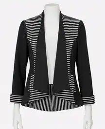 Chicos Striped Blazer Jacket Womens 1 M Black White‎ Open Front Back Zip Career