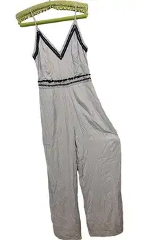 Japna  Blue White Pin Striped Embroidered Empire Waist Wide Leg Casual Jumpsuit