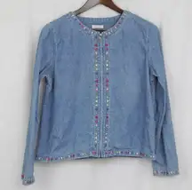 Ladies' Zip UP Denim Shirt-Jacket with Multicolor Embroidery Medium