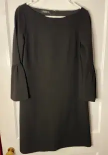 Lafayette 148 New York Black Bell Sleeve Boat Neck Sheath Dress Size M