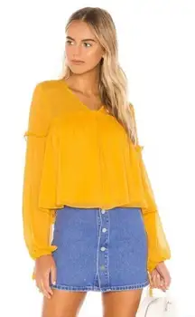 TULAROSA Delphine Babydoll Yellow Gold Ruffle Long Sleeve VNECK Blouse
