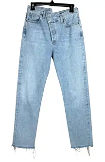 AGOLDE SZ 27 Criss Cross Straight Leg Jeans Button-Fly Frayed Hems Medium Wash