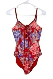 Red Carter Lace Up Tropical Paradise One Piece Swimsuit