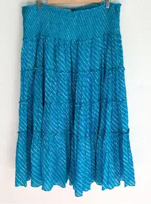 Lauren Ralph Lauren Tiered Maxi Skirt XL Coastal Boho Smocked Aqua Blue